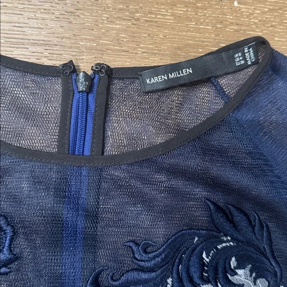 Karen Millen Navy Embroidered Lace Sheath Dress Mesh Sleeve UK 8 US 4 - Picture 3 of 6